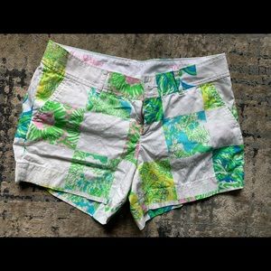 Lilly Pulitzer jungle lion patchwork shorts.